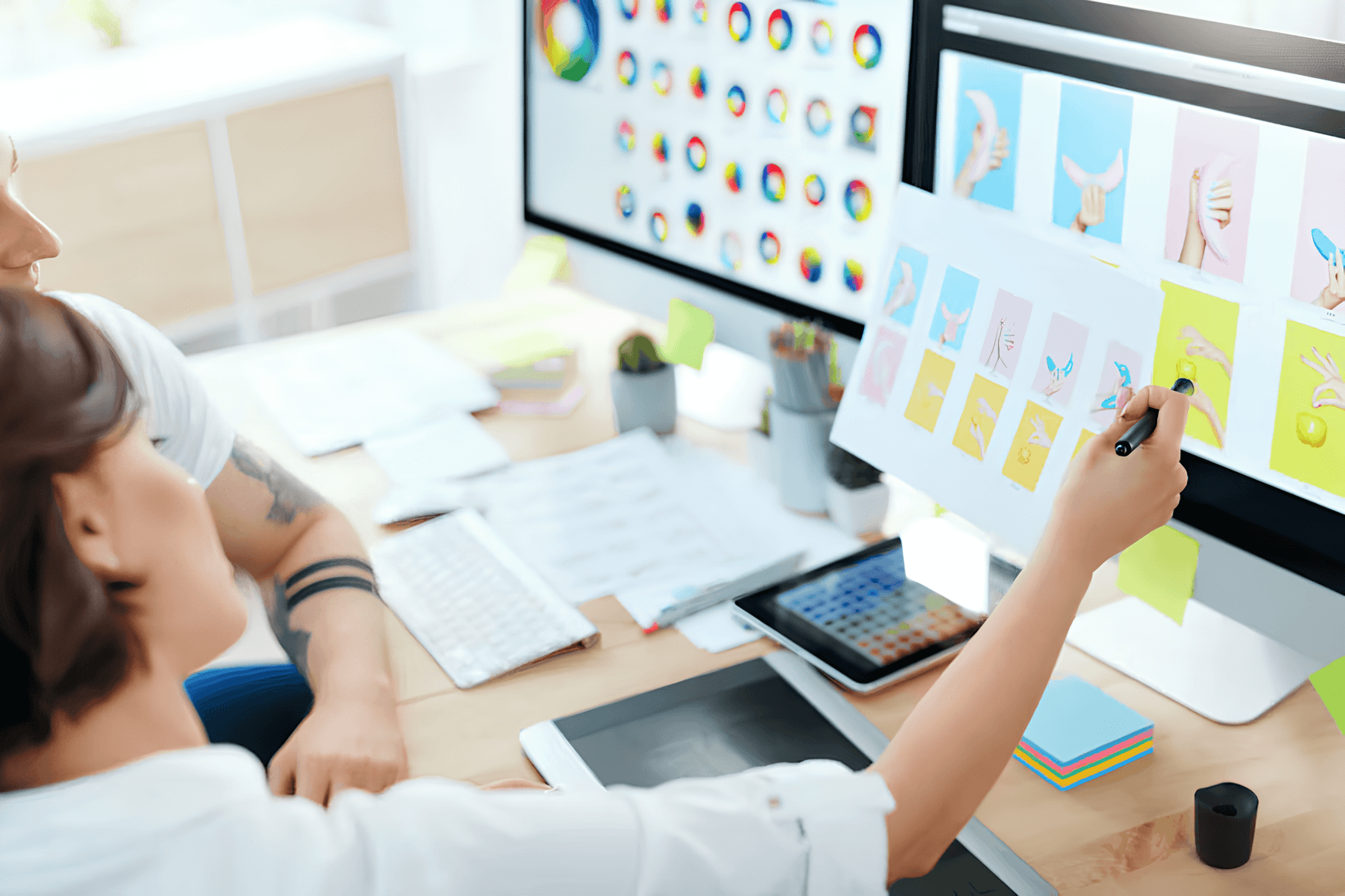 Website wireframes and user flow sketches arranged on a design desk